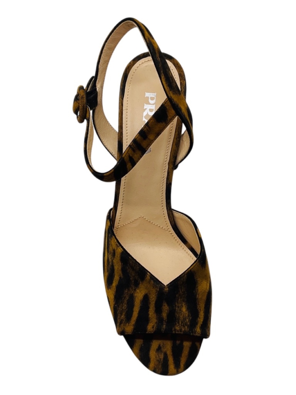 PRADA LIGHT BROWN / BLACK ANIMAL PRINT CHUNKY HEEL SUEDE PLATFORM SANDALS - Picture 4 of 8